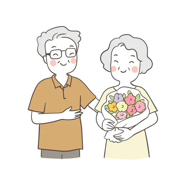Yaşlı Büyükbabanın Büyükannesine Çiçek Verirken Resmini Çiz — Stok Vektör