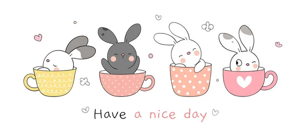 Draw Collection Rabbit Sleeping Sweet Cup Spring — 스톡 벡터