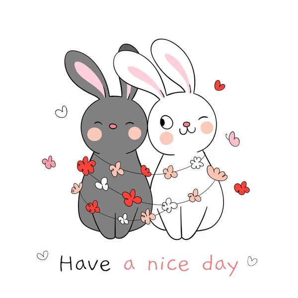Zeichnen Blume Paar Liebe Kaninchen Für Den Frühling — Stockvektor