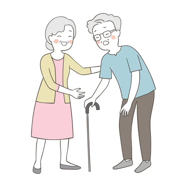 Narysuj Starszą Babcię Pomagając Dziadkowi Chodzić Laską — Wektor stockowy
