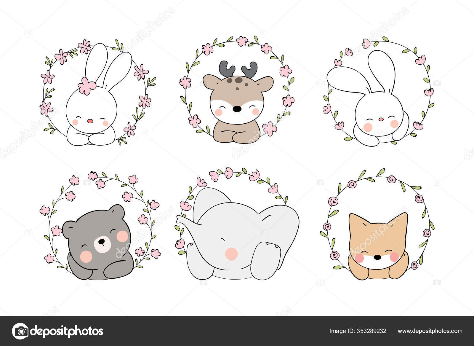 Cute Animals Beauty Floral Wreaths Spring Season Doodle Cartoon Stlye Stock  Vector Image by ©AnchaleeAr #353289232