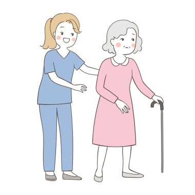 Tıbbi personel yaşlı büyükannenin bastonla yürümesine yardım ediyor. Sağlık konsepti. Çizgi film stili