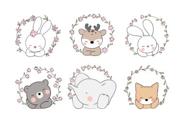 Bahar mevsimi için güzel çiçekli güzel hayvanlar. Çizgi film stlye