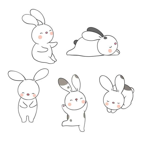 포즈를 취하는 토끼들은 흰색에 고립되어 있습니다 Doodle 스타일 — 스톡 벡터