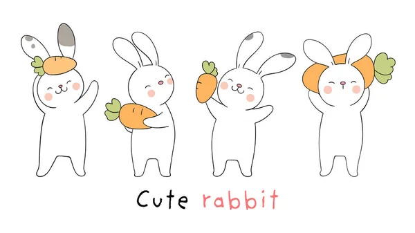 White Rabbits Carrots Spring Season Easter Doodle Cartoon Style — Stock Vector