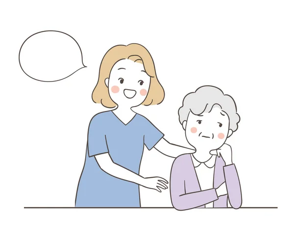 Oudere Senior Grootmoeder Verdrietig Medisch Personeel Verzorgen Gezondheidsconcept Doodle Cartoon — Stockvector