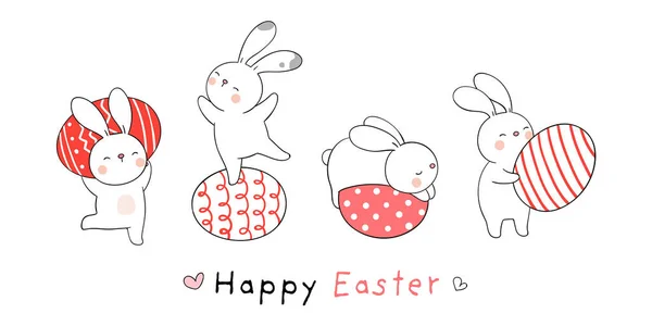 Glada Kaniner Med Ägg Till Påsk Och Vår Doodle Tecknad — Stock vektor