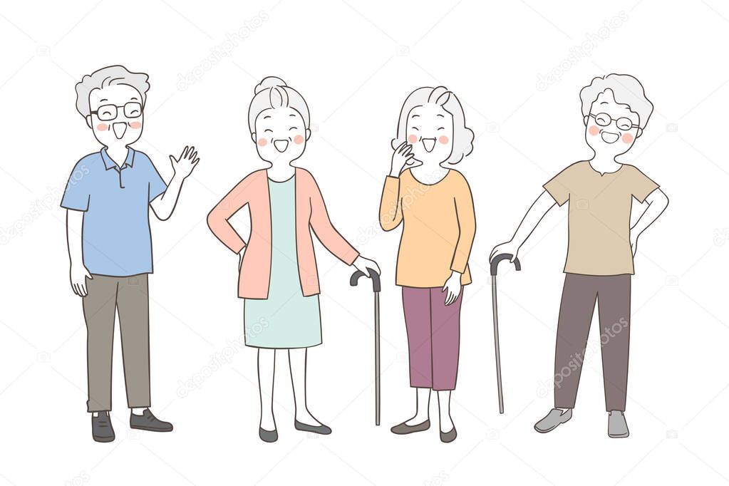 Collection of elderly senior grandmothers and grandfathers. Doodle cartoon style.