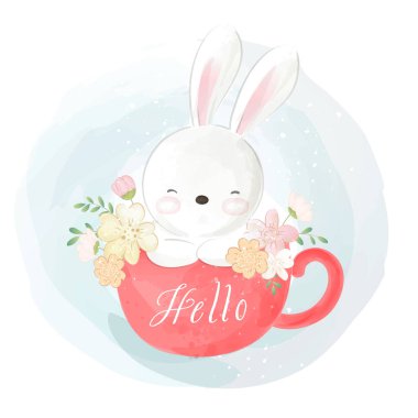 Paskalya ve bahar için bir fincan çay ve güzel çiçeklerin içinde sevimli bir tavşan. Suluboya biçimi