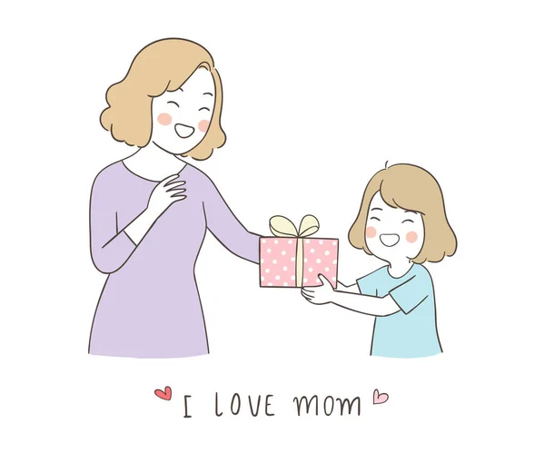 Diseño Feliz Chica Dando Regalo Mamá Aislado Sobre Fondo Blanco — Vector de stock