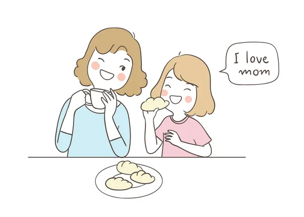 Щаслива Дівчина Мама Їдять Разом Ізольовані Білому Тлі — стоковий вектор
