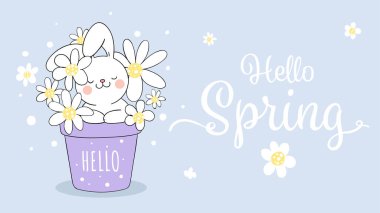 Bahçe kabında tavşan ve beyaz çiçeklerle tasarım çiz  