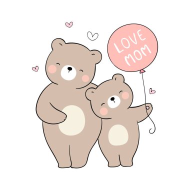 Beyaz arkaplanda tatlı balon tutan anne ve bebek vektörünü çiz