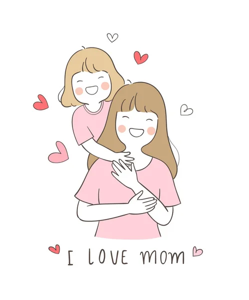 Happy Girl Hugging Mom Little Hearts Isolated White Background — Stock Vector