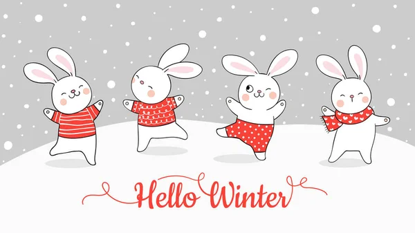 Petits Lapins Dans Neige Pour Hiver Noël Doodle Style Dessin — Image vectorielle