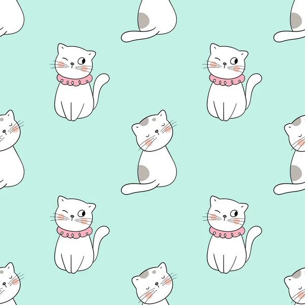 Draw Seamless Pattern Cute Cats Green Pastel Background — Stock Vector