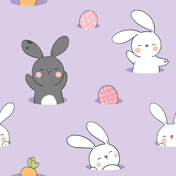 Seamless Pattern Rabbits Eggs Purple Pastel Background — Stock Vector