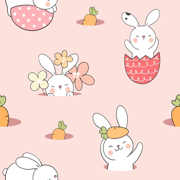 兔子无缝图案 花和胡萝卜 粉红背景 — 图库矢量图片