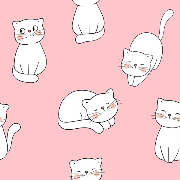 Draw Seamless Pattern White Cats Pink Pastel Background — Stock Vector