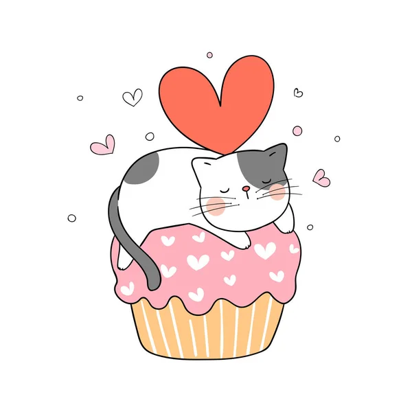 Desenhe Bonito Gato Dormindo Cupcake Coração Vermelho Cabeça Isolado Fundo —  Vetores de Stock