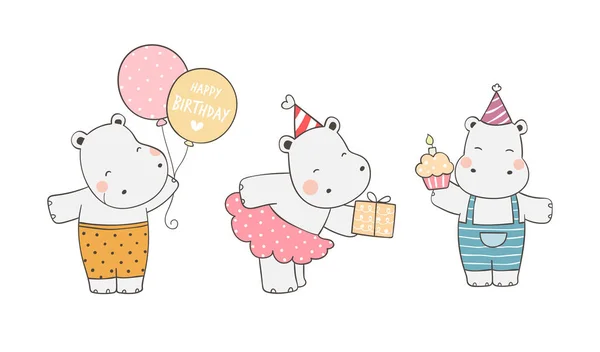 Draw Design Hippopotamus Cupcake Gift Balloons Birthday Isolated White Background — Stock Vector