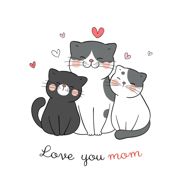 Draw Banner Cat Mom Babies Little Hearts Isolated White Background — Stock Vector