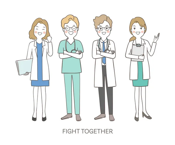 Draw Doctors Word Fight Together Coronavirus — Stock Vector