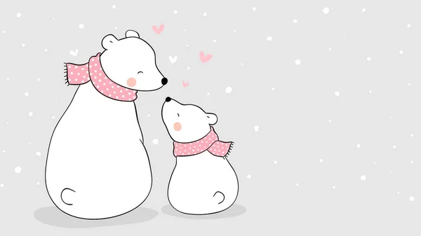 Draw Vector Banner Mom Polar Bear Baby Sitting Snow — Stock Vector