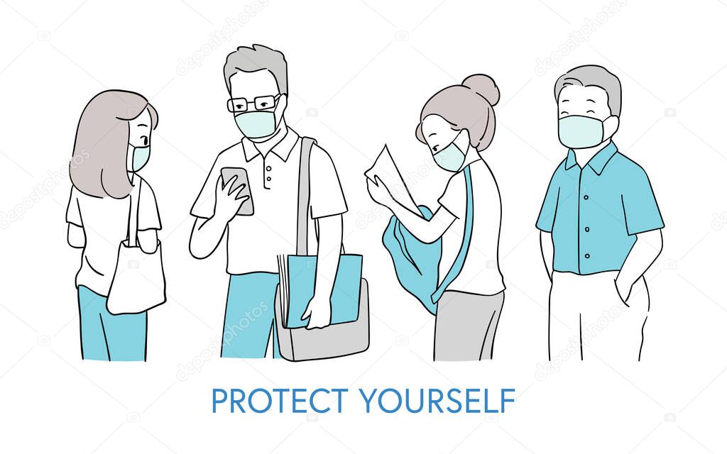 Draw vector illustration people wearing masks protection from Coronavirus 
