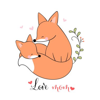 Beyaz arka planda küçük kalpleri olan anne tilki ve bebek vektörlerini çiz