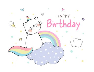 Beyaz arkaplanda izole edilmiş bulutun üzerinde oturan kedi mısırı vektörü çiz