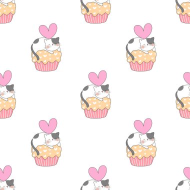 Kekler üzerinde uyuyan sevimli kedilerle kusursuz desenli arkaplan çiz  