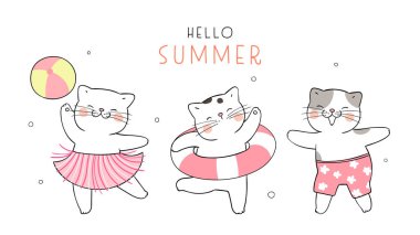 Plajda beyaz arka planda izole edilmiş kedilerin olduğu pankart çiz