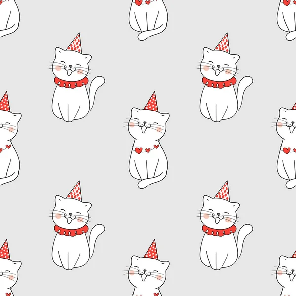 Нарисуйте Бесшовный Фон Картины Милыми Кошками Красными Шляпами Партии — стоковый вектор