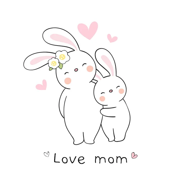 Dibujar Vector Mamá Conejo Bebé Abrazo Con Amor Aislado Sobre — Vector de stock