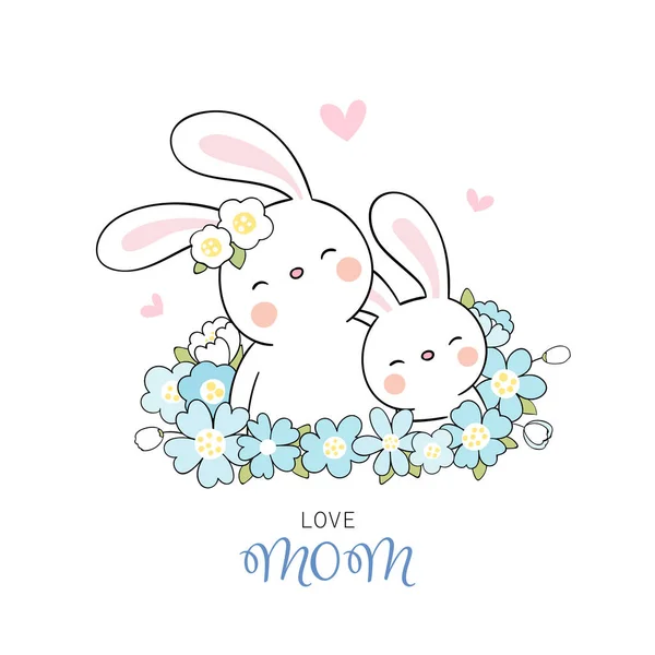 Draw Vector Mom Rabbit Baby Blue Flowers Isolated White Background — Stock Vector