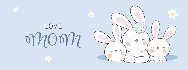 Draw Vector Banner Rabbit Babies White Flowers — Wektor stockowy