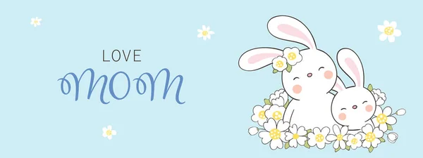 Zeichnen Vektor Banner Kaninchen Und Baby Mit Weißen Blumen — Stockvektor