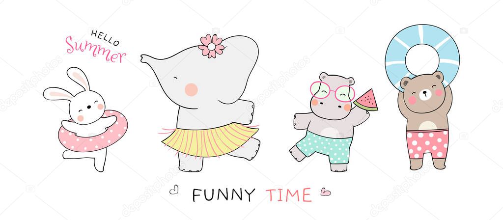 Draw vector banner with cute animals isolated on white background