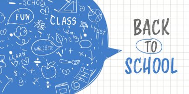 Çizim tarzında okul malzemeleriyle vektör illüstrasyon pankartı çiz