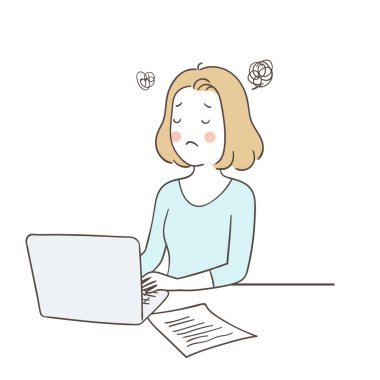 İş saatlerinde dizüstü bilgisayar kullanan genç iş kadınlarının kafa karışıklığının vektör çizimi, karalama karikatür tarzı