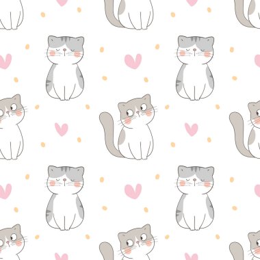 Tatlı kedileri ve beyaz arka planda izole edilmiş küçük kalpleri olan kusursuz desenli arkaplan.,  