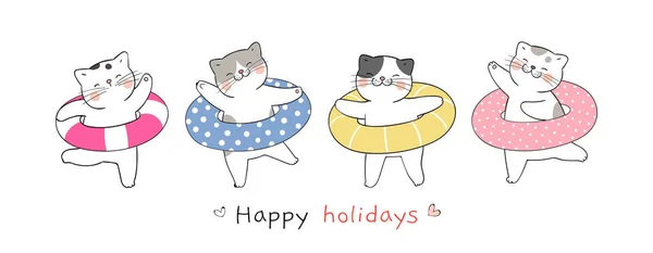 卡上画着涂鸦卡通风格的滑稽猫 有五颜六色的橡皮圈 白色背景的文字假日快乐 夏季的概念 — 图库矢量图片
