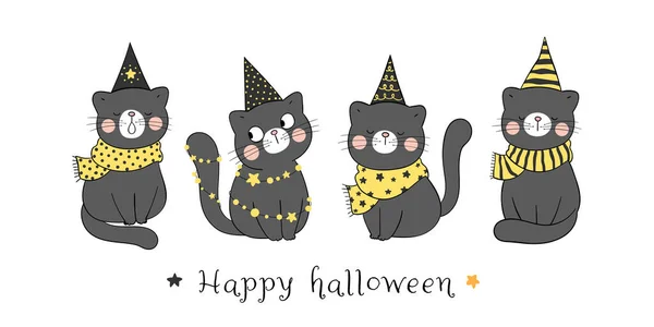 印有涂鸦漫画风格的贺卡 戴着星光魔帽的可爱猫 万圣节的概念 — 图库矢量图片