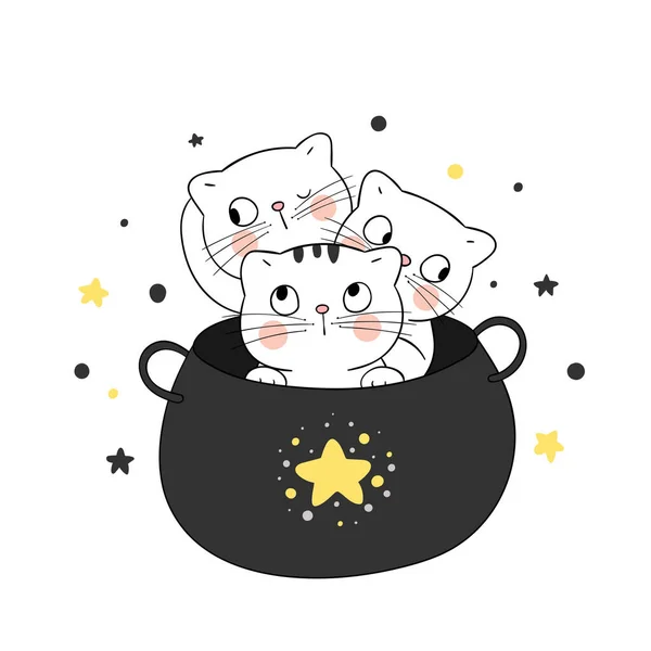 Ευχετήρια Κάρτα Ζωγραφισμένα Στο Στυλ Σκίτσα Χαριτωμένες Γάτες Μαγικό Καζάνι — Διανυσματικό Αρχείο