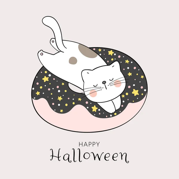 贺卡上有涂鸦卡通风格的可爱猫在甜甜圈上 万圣节的概念 — 图库矢量图片