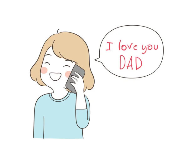 Vektör Çizimi Mutlu Kız Telefonda Konuşuyor Babalar Gününde Doodle Çocuk — Stok Vektör