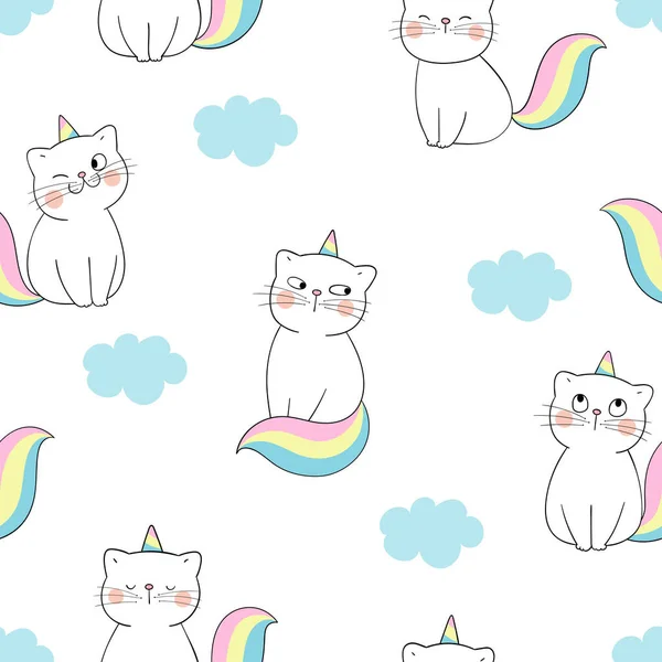 Kreslené Bezešvé Vzor Pozadí Roztomilými Kočkami Jako Jsou Jednorožci Modré — Stockový vektor