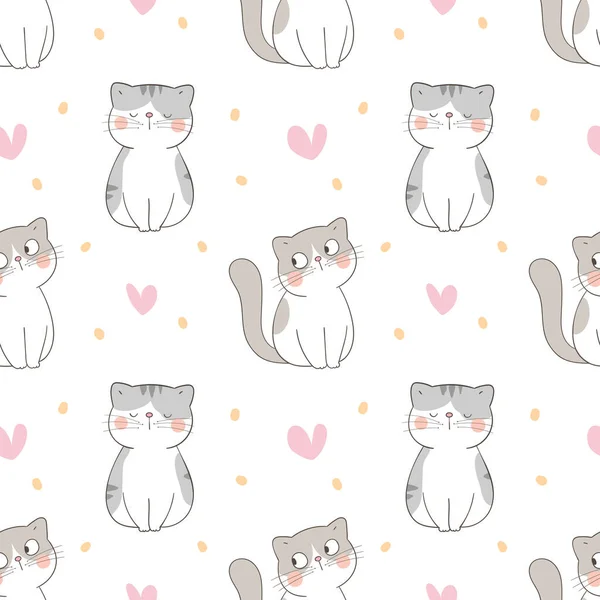 可愛い猫と小さな心でシームレスなパターンの背景を描いた落書き漫画スタイルで白い背景に隔離され 印刷ポスターのために — ストックベクタ