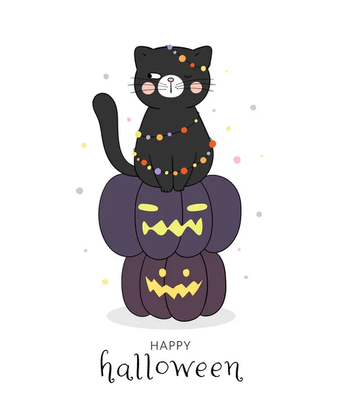 Drawn Vector Character Design Black Cat Pumpkins Isolated White Background — Stock Vector